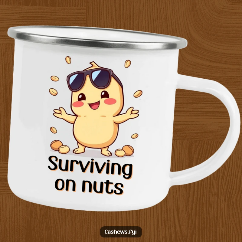 Funny camping mug with a kawaii cashew in sunglasses, juggling nuts with a grin, perfect for outdoor adventures with a cool vibe.