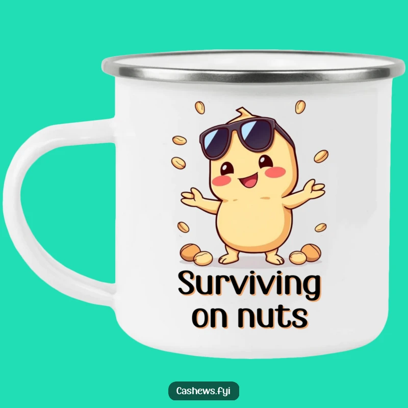 Funny Kawaii Cashew Camping Mug: Cool Juggling Nut Companion for Outdoor Fun