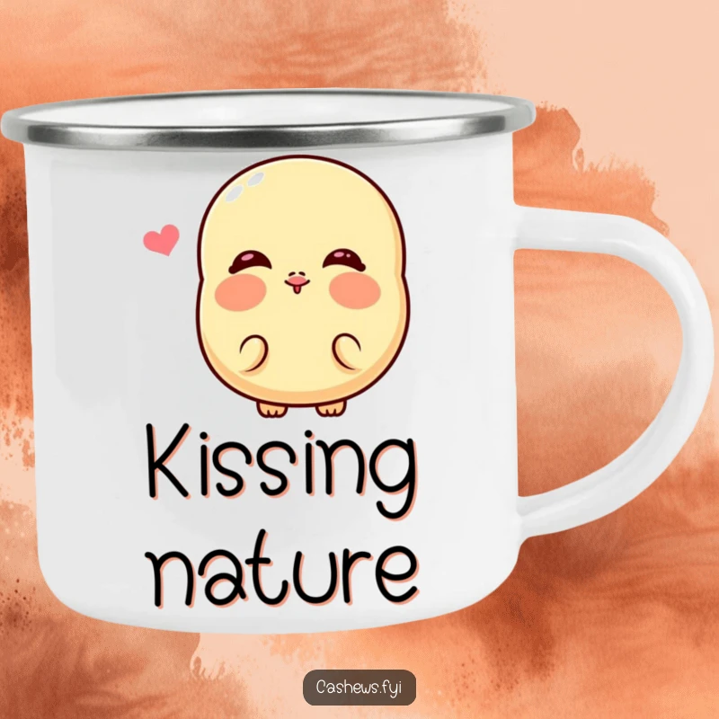 Funny Kawaii Cashew Camping Mug: An enamel mug featuring a cashew with rosy cheeks blowing a kiss, perfect for outdoor humor.