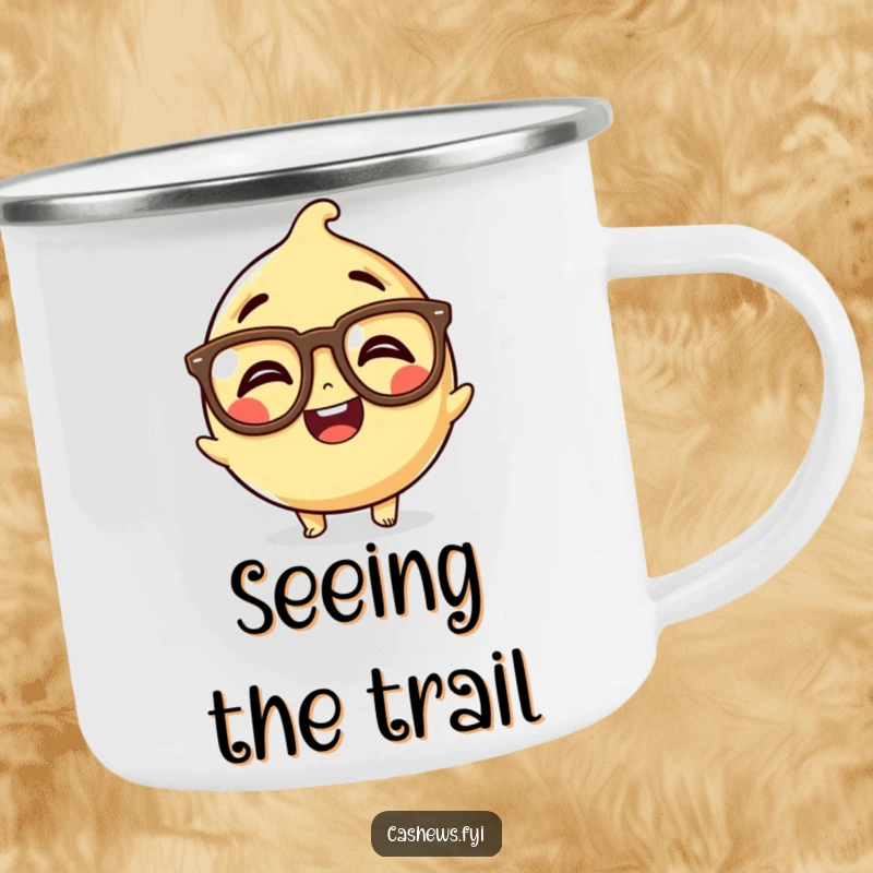 Funny Kawaii Cashew Camping Mug: An enamel mug with a cashew wearing large, funny spectacles, giggling, perfect for humorous outdoor moments.
