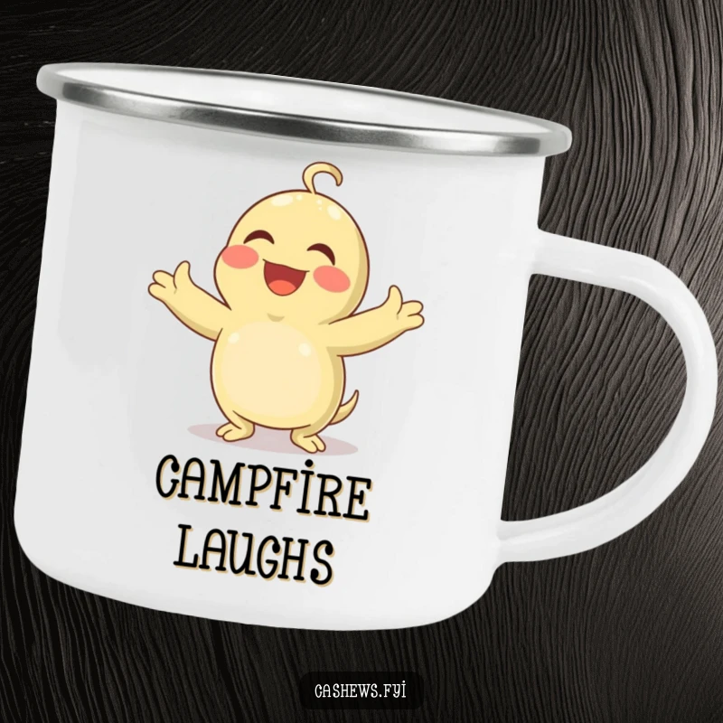 Funny camping mug with a cashew character laughing heartily with arms wide, ready for outdoor adventures.