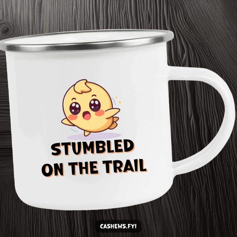 Funny camping mug featuring a cashew character tripping slightly but landing gracefully with a surprised, wide-eyed look, perfect for outdoor sips.