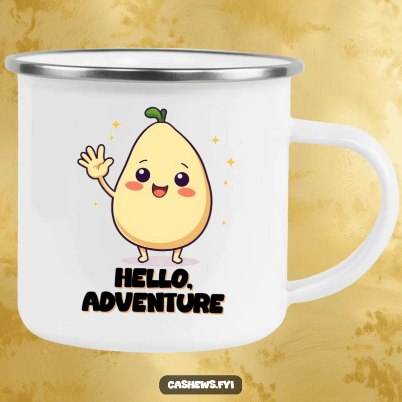 Funny camping mug showing a kawaii cashew character waving hello with starbursts, perfect for enjoying beverages outdoors and spreading cheer.