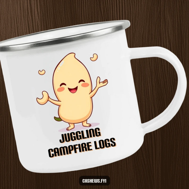 Funny camping mug showing a smiling cashew character expertly juggling three tiny cashew nuts, perfect for outdoor amusement.