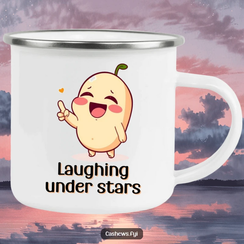 Funny and durable camping mug featuring a Kawaii cashew laughing uncontrollably with watering eyes, perfect for outdoor humor.