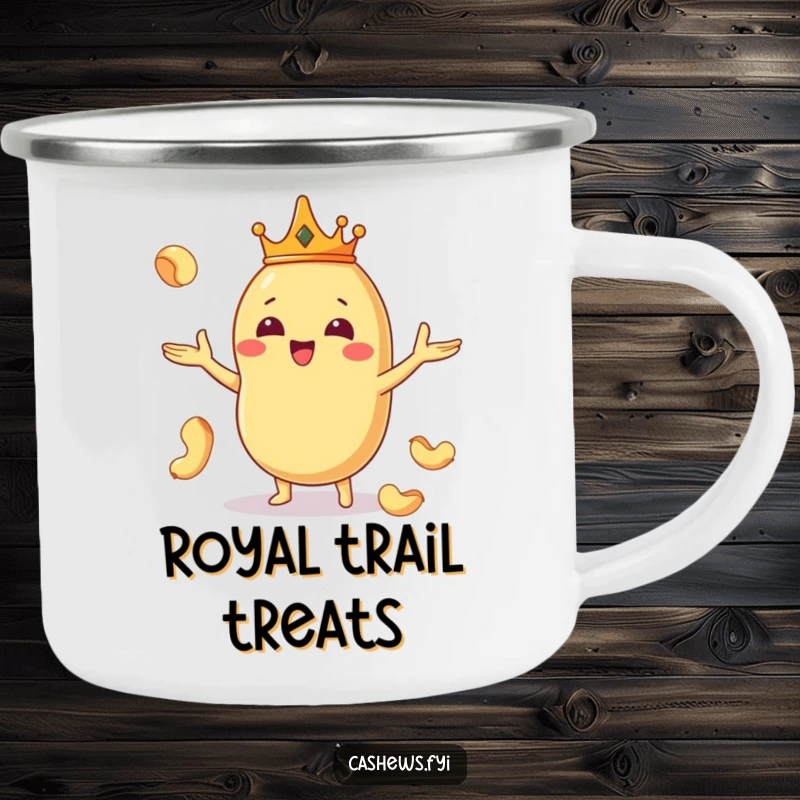 Funny and durable camping mug featuring a Kawaii cashew king in a crown, juggling nuts, bringing regal humor outdoors.
