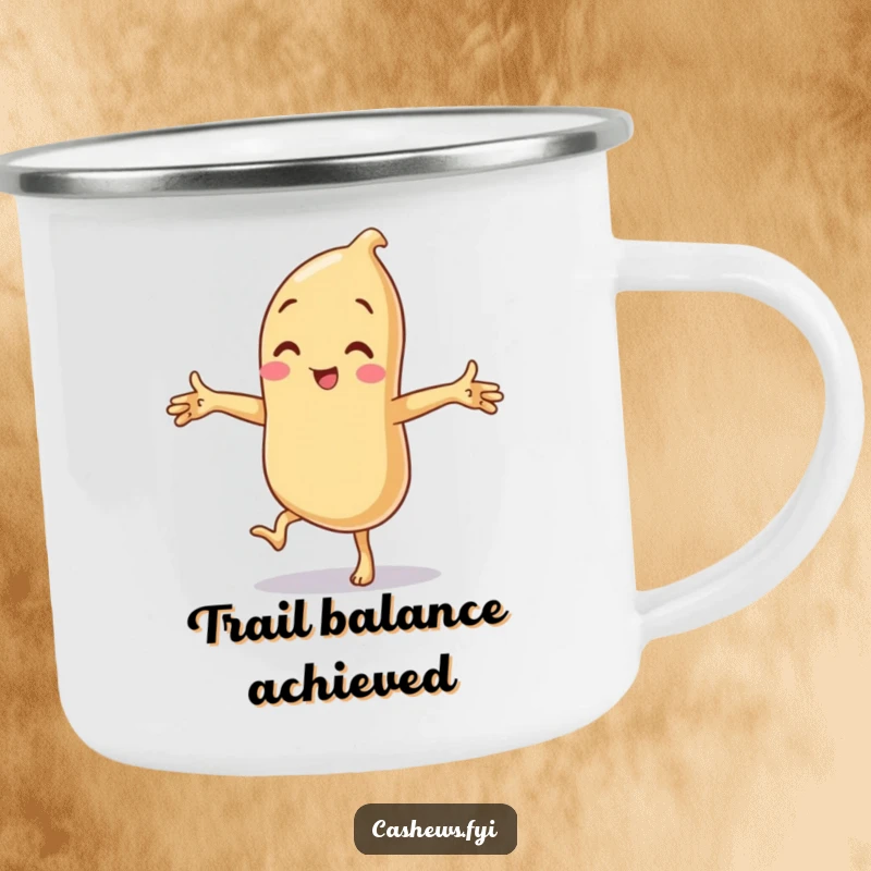 Funny camping mug featuring a cashew in a comical one-legged balance pose, arms spread wide, ready for outdoor fun.