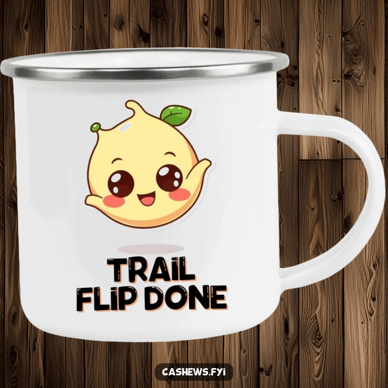 Funny cashew camping mug with a cheerful cashew performing a somersault, great for outdoor trips.