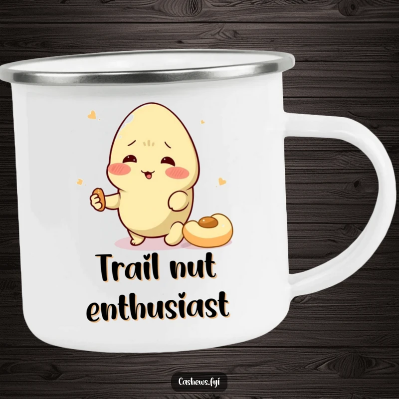 Funny cashew camping mug featuring a character dramatically swooning over a snack, designed for outdoor enjoyment and nutty comedy.