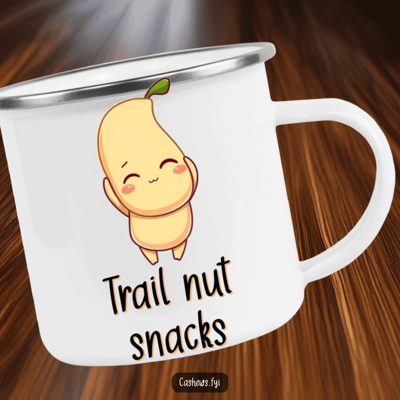 Funny camping mug with a winking cashew character holding a glowing cashew, perfect for campfire stories and nutty laughs.