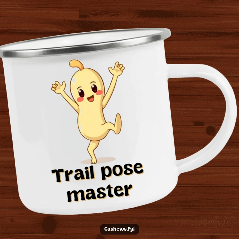 Funny camping mug featuring a cashew character striking a dramatic pose, ready for adventure and a photo op.