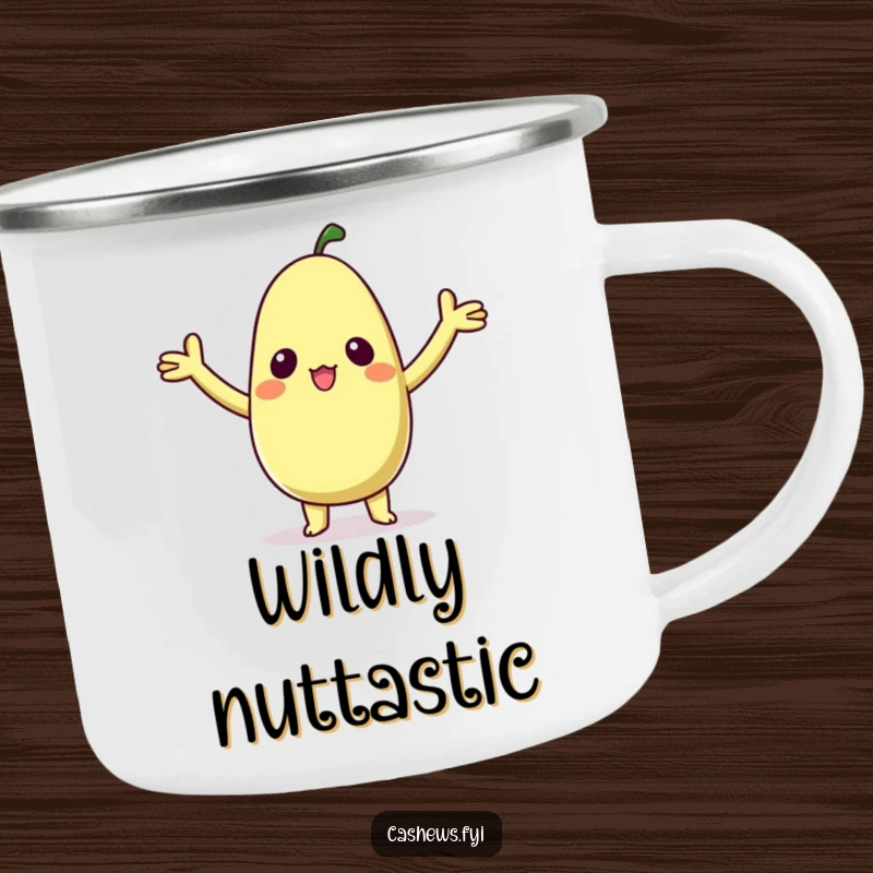 Funny enamel camping mug with a kawaii cashew character with arms raised in delighted surprise, ideal for outdoor fun and cute moments.