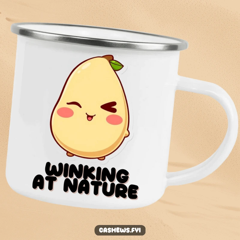Funny camping mug with a kawaii cashew character giving a mischievous wink, perfect for playful and humorous outdoor drinks.