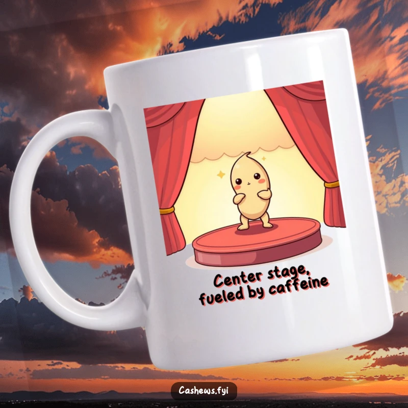 Funny mug featuring a dramatic cashew nut actor posing grandly on a miniature stage, ready for its big performance.