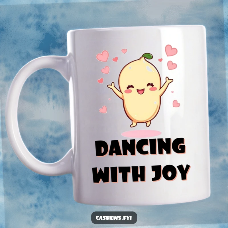 Funny Kawaii Cashew Mug: A happy cashew character dancing joyfully, surrounded by floating hearts, exuding pure, nutty delight.