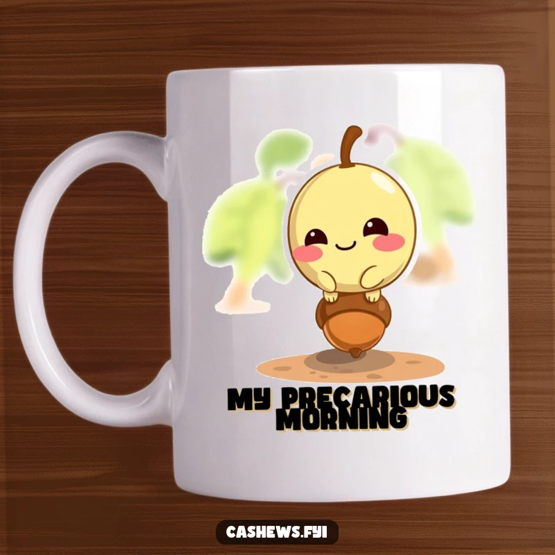 Funny cashew mug featuring a mischievous cashew grinning while balancing precariously on a tiny acorn.