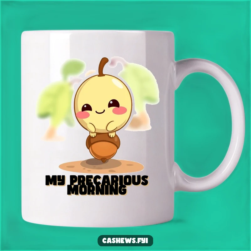 Funny Cashew Acrobat Mug: Mischievous Cashew Balancing on Acorn, Perfect Gift