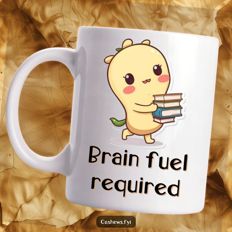 Funny mug of a kawaii cashew character tripping slightly while carrying a tall stack of books, looking endearingly clumsy.