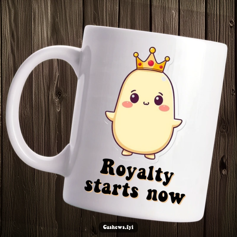 Funny mug showing a proud cashew character wearing a tiny golden crown, its expression conveying regal confidence and a touch of humorous ego.