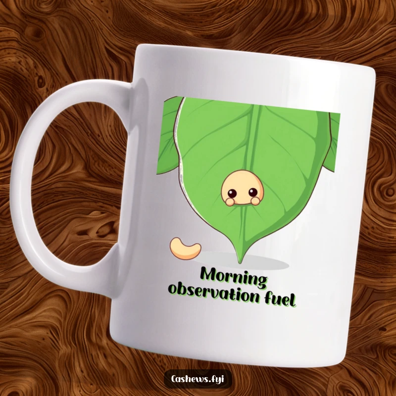 Funny mug with a cashew nut playfully peeking from behind a large, vibrant cashew leaf, conveying a sense of curiosity.