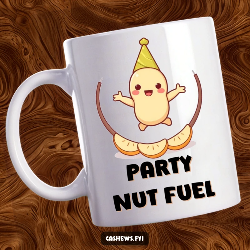 Funny cashew mug featuring a happy nut character in a party hat, enthusiastically jumping through a hoop of cashew halves, bringing cheer.