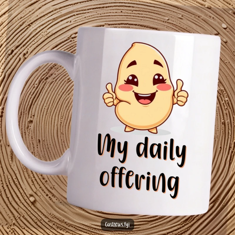 Funny mug featuring a cashew character with a cheeky grin, winking and giving a thumbs-up while offering a cashew nut.