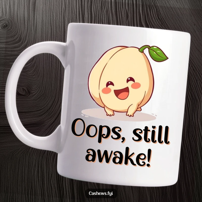 Funny Mug: A cashew tumbles slightly but maintains a huge, beaming smile, radiating resilience and good humor.