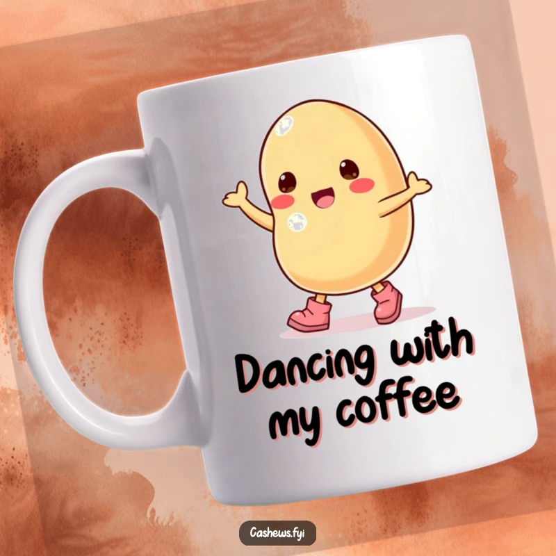 Funny mug with a cartoon cashew nut wearing tiny boots, excitedly dancing with visible joy.