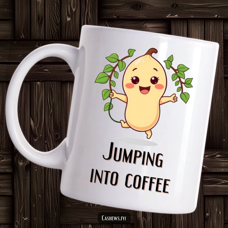 Funny ceramic mug showing a kawaii cashew character smiling widely while jumping rope with a vine, radiating pure joy.