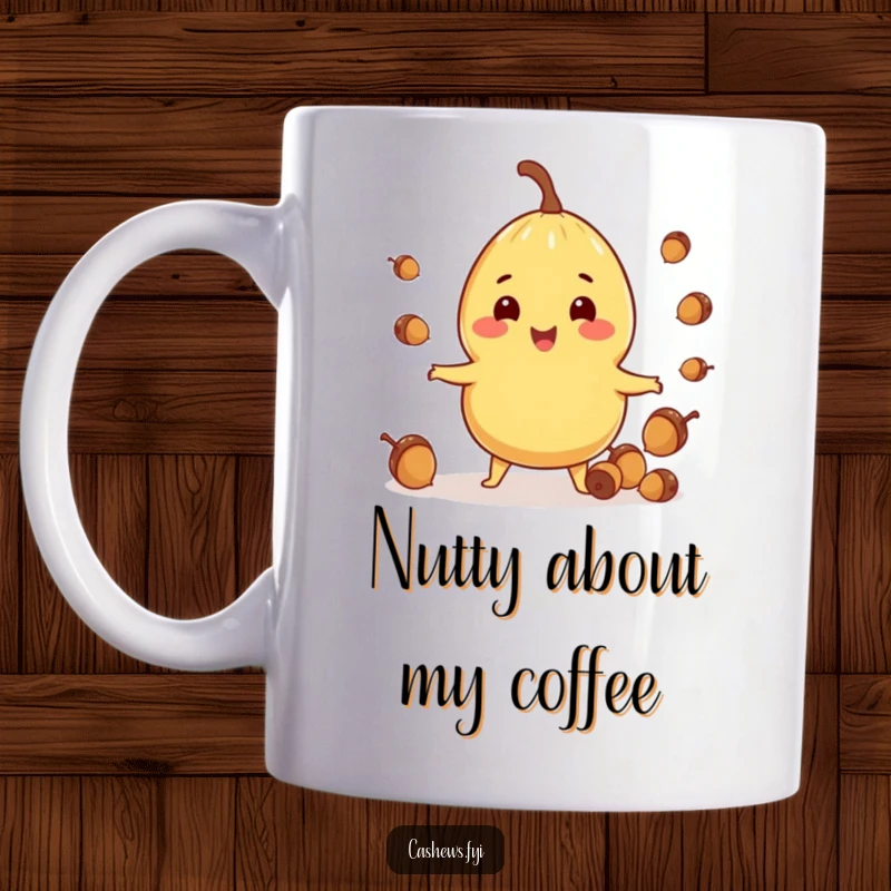 Funny mug depicting a cheerful cashew character skillfully juggling several tiny acorns with a happy, concentrated expression.