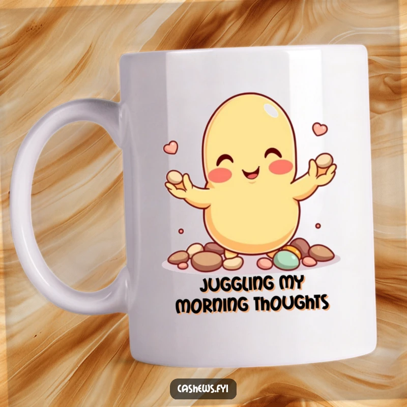 Funny mug with a smiling cartoon cashew nut skillfully juggling tiny pebbles.