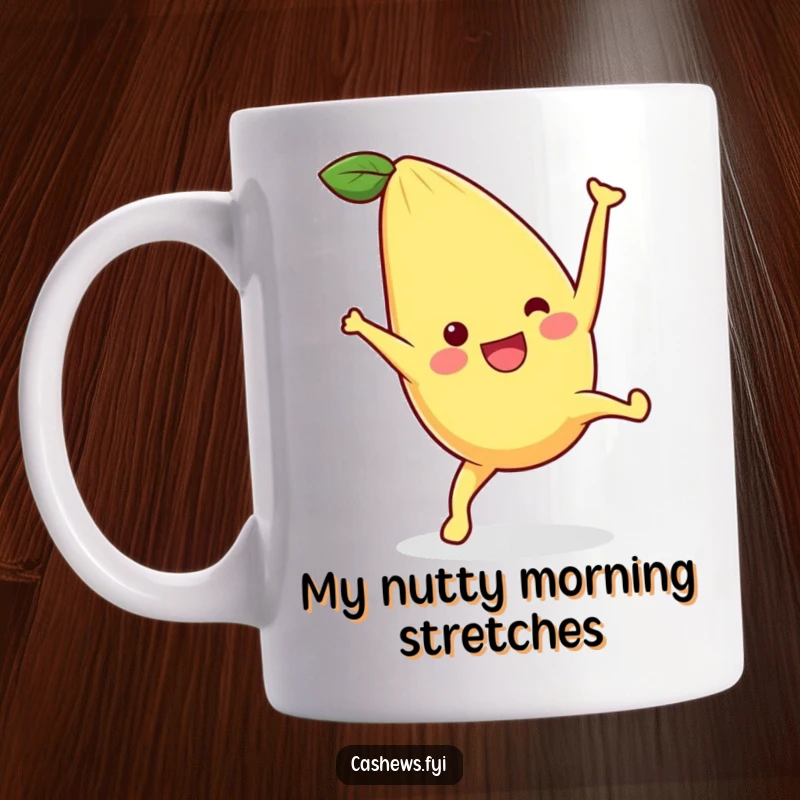 Funny mug featuring a kawaii cashew character performing a joyful cartwheel with ecstatic abandon, perfect for nut lovers and gift seekers.