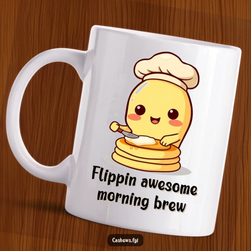 Funny ceramic mug featuring a kawaii cashew character gleefully flipping pancakes while wearing a chef hat, a delightful breakfast scene.