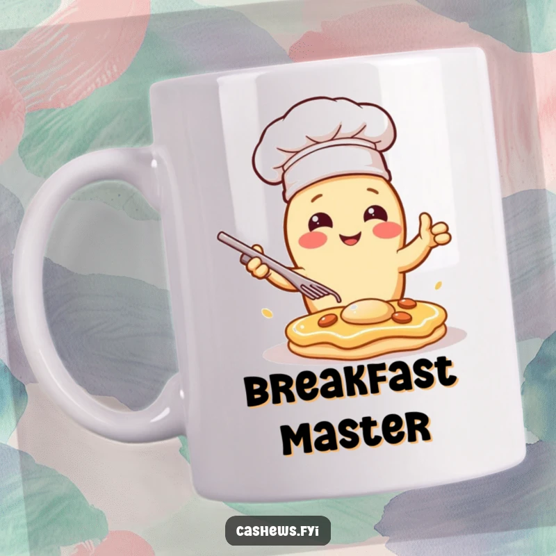 Funny mug featuring a kawaii cashew in a chef hat, dramatically flipping a nutty pancake with intense focus and a hint of flair.