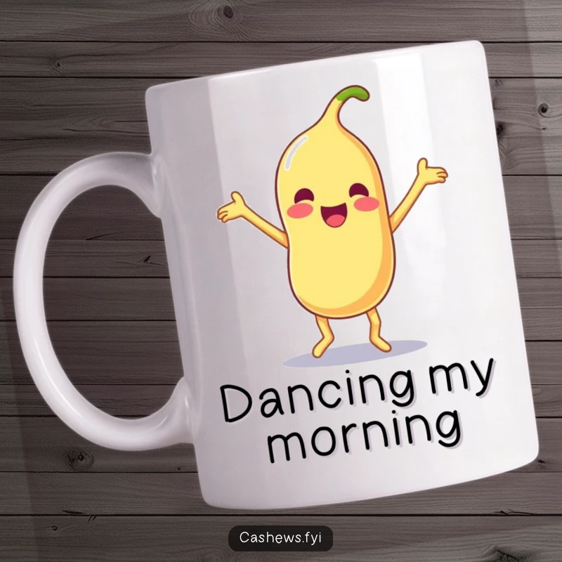 Funny Kawaii cashew doing a silly, joyful dance with flailing limbs, on a mug for ultimate happy vibes.