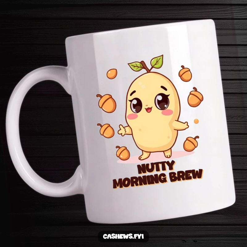 Funny mug showing a kawaii cashew character with big, wide eyes, gleefully juggling three acorns with a happy expression, utterly charming.