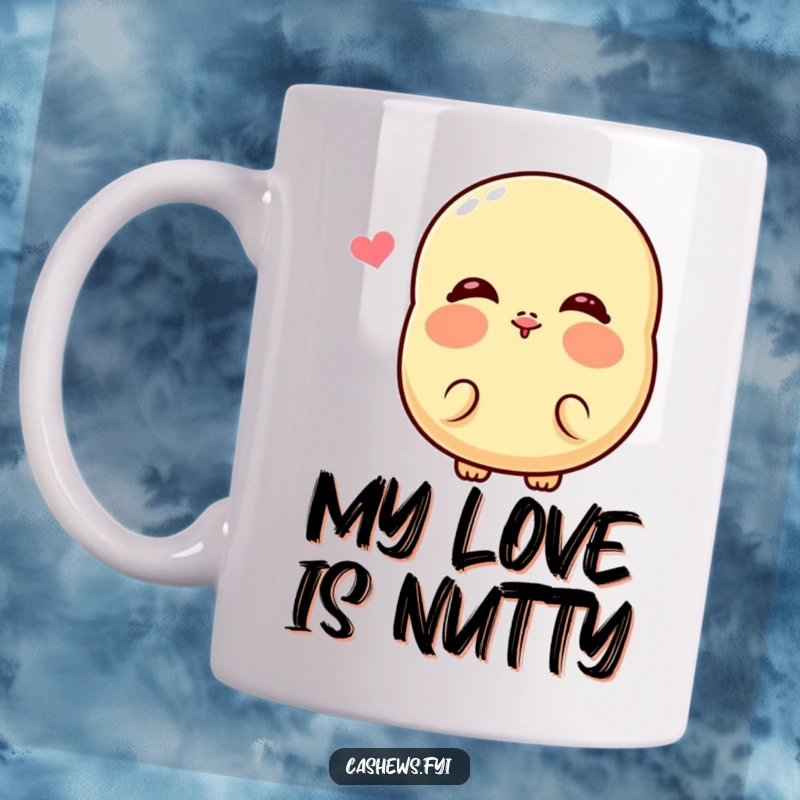 Funny Kawaii Cashew Mug: Adorable nut character with exaggerated rosy cheeks blowing a cartoon kiss, a hilarious and sweet gift.