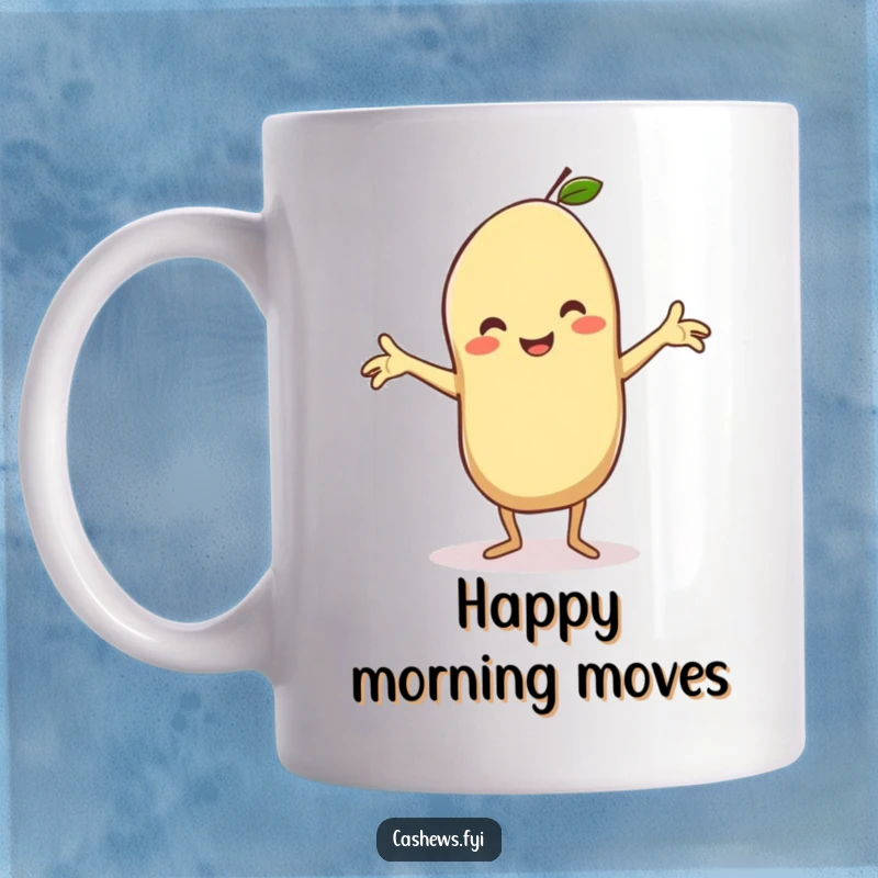 Funny mug featuring a kawaii cashew doing a silly, joyful dance with arms outstretched, beaming with happiness and energy.