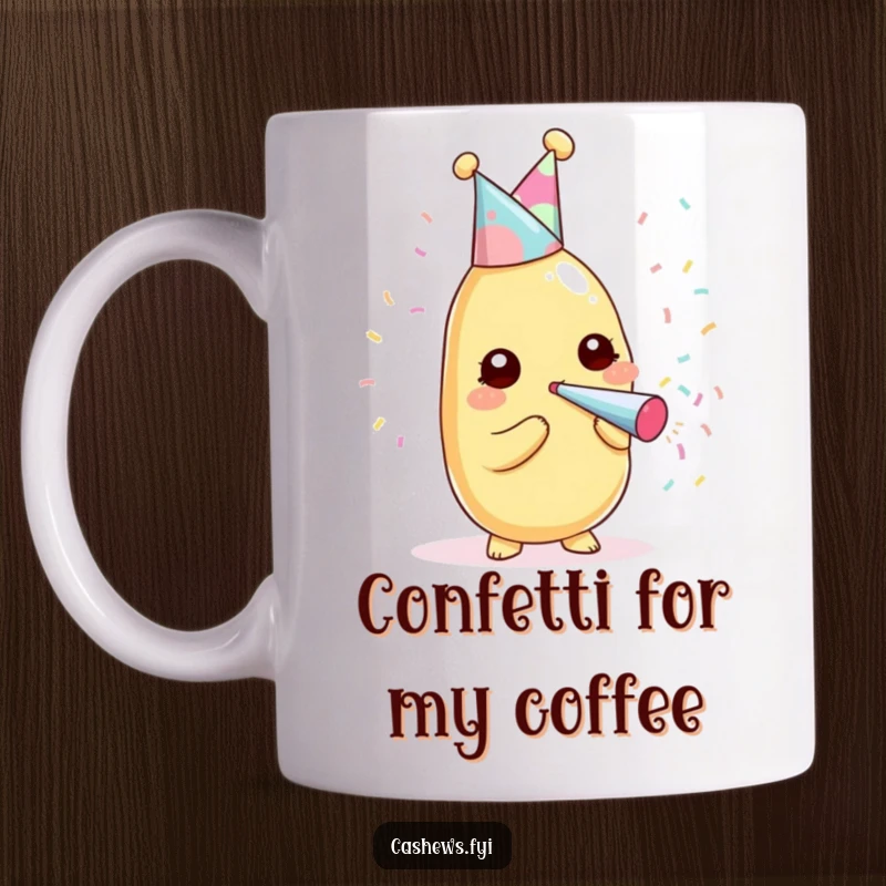 Funny kawaii cashew wearing a party hat, blowing a confetti popper on a mug, celebrating joyfully.