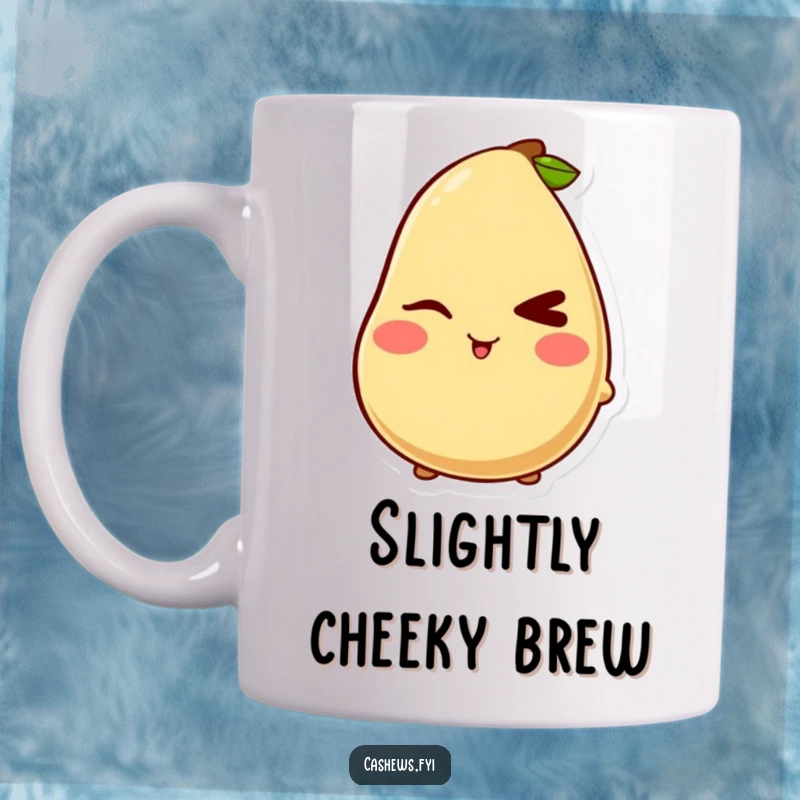 Funny mug with a kawaii cashew character giving a mischievous wink and a playful blush, exuding cute and cheeky humor.