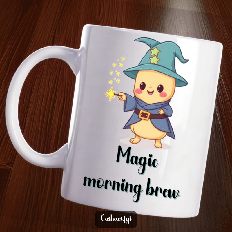 Funny Kawaii cashew dressed as a wizard, casting sparkling dust from a wand, on a mug for magical humor.