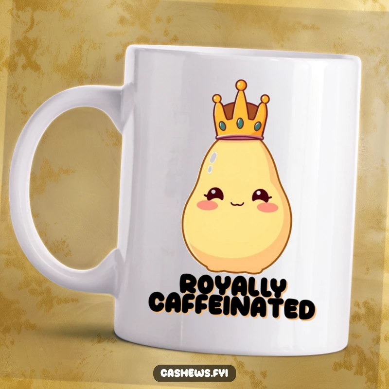 Funny mug featuring a cashew wearing a tiny crown, looking regal yet comically unstable and wobbly.