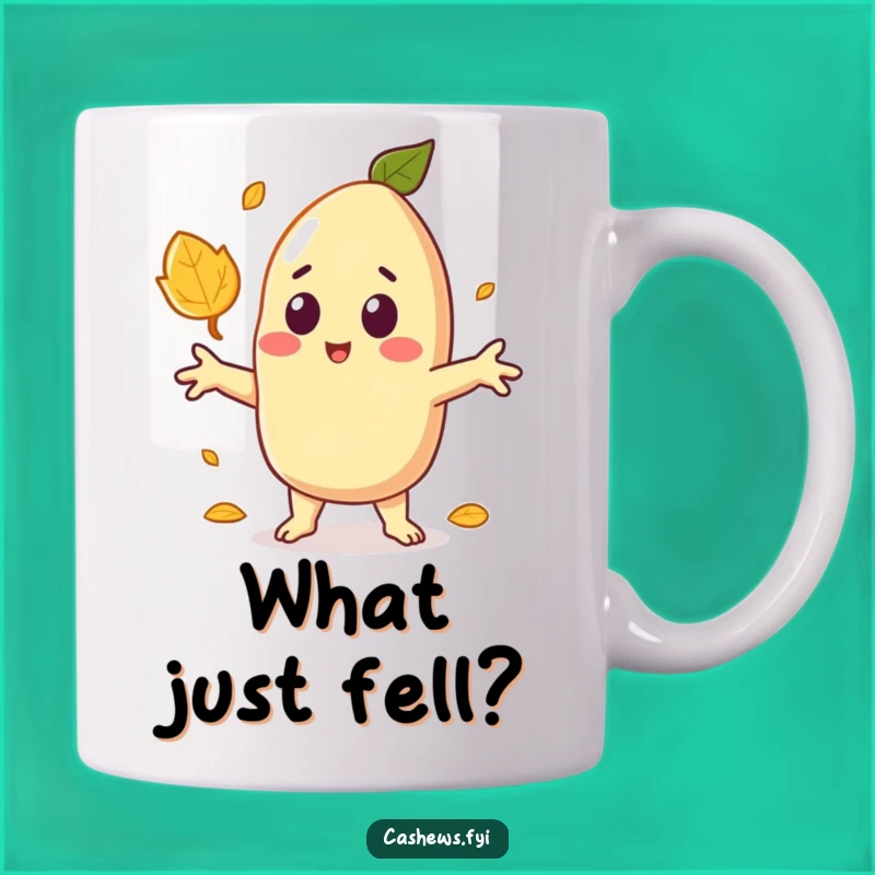 Funny Surprised Cashew Mug: Autumn Leaf Surprise Kawaii Design