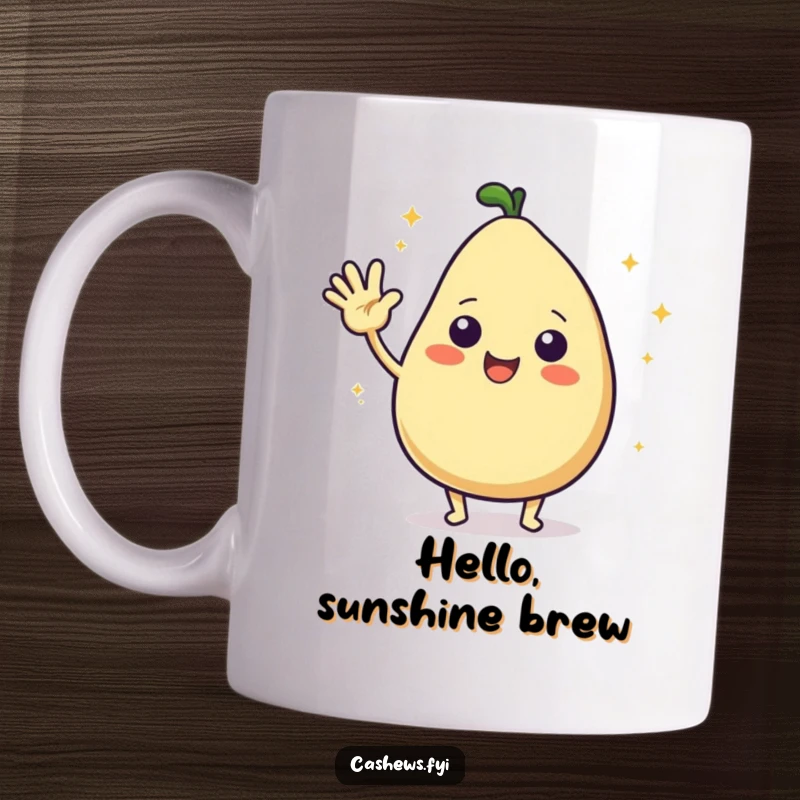 Funny mug of a kawaii cashew character excitedly waving hello, surrounded by tiny starbursts, radiating pure joy and friendliness.