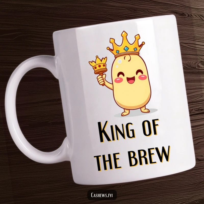 Funny ceramic mug showing a kawaii cashew character in a triumphant pose, proudly holding a tiny golden crown.