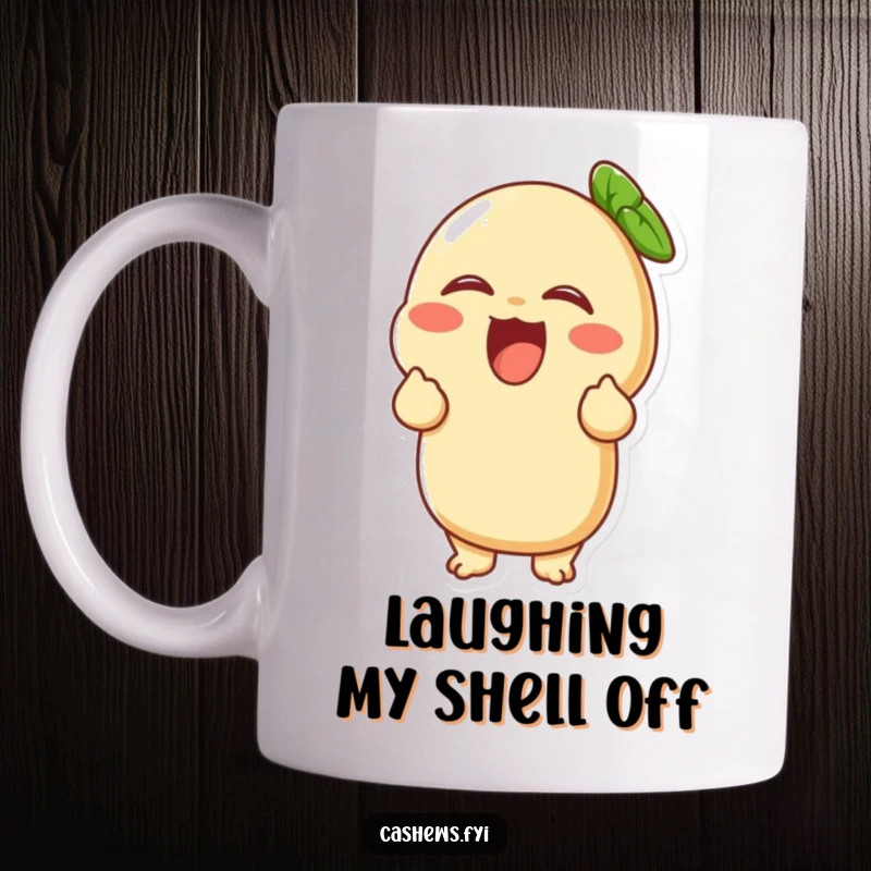 Funny mug featuring a cashew character giggling uncontrollably, clutching its sides in fits of laughter and pure delight.