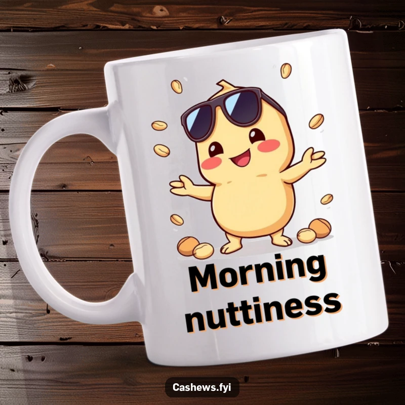 Funny mug featuring a kawaii cashew wearing sunglasses, expertly juggling tiny nuts with a confident, cheerful grin.