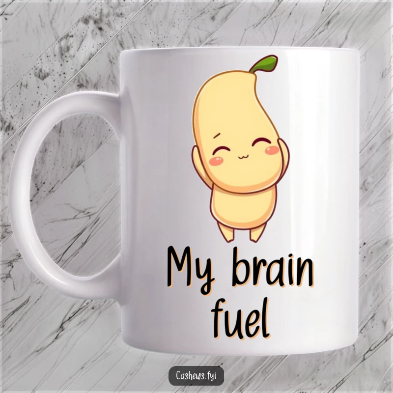 Funny mug featuring a winking cashew character joyfully presenting a glowing, oversized cashew with a mischievous glint in its eye.