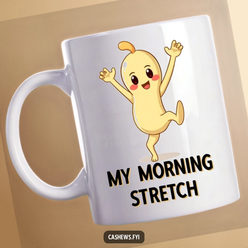 Funny mug featuring a cashew character striking a dramatic pose, leg extended and arms high, ready for the spotlight.