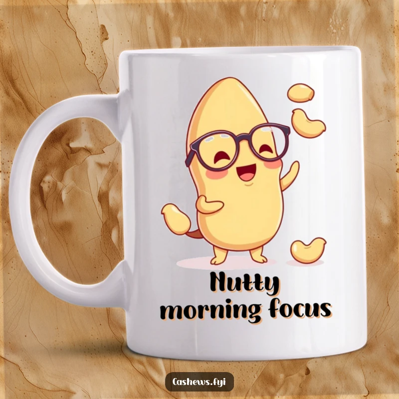 Funny kawaii cashew mug with a cute nut wearing tiny spectacles, excitedly juggling miniature cashews, bringing smiles and charm.